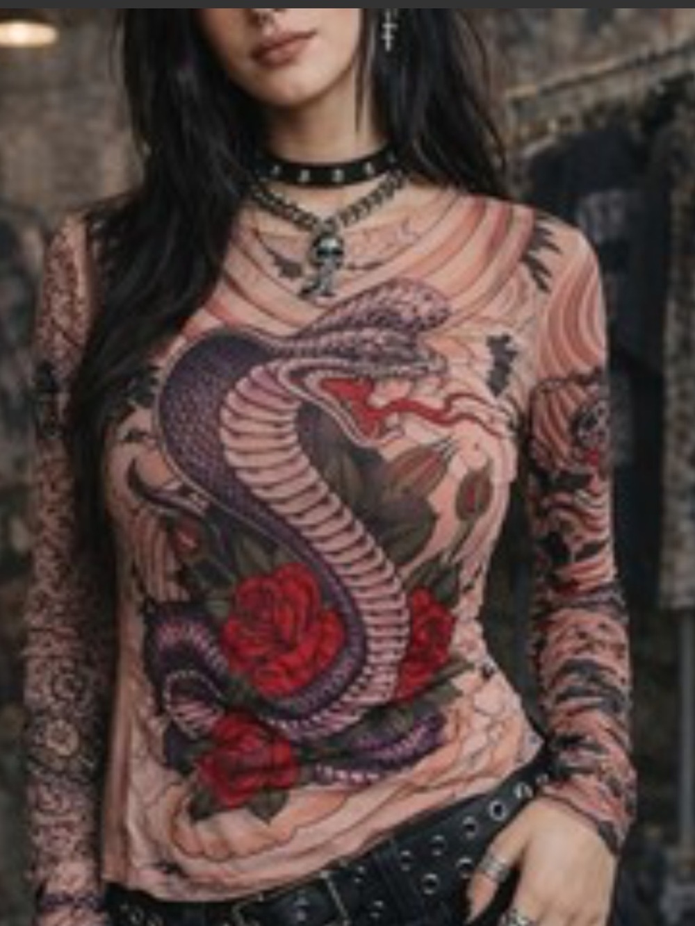 Miami Ink  Y2K Micro Mesh Long-Sleeve Snake & Rose Graphic Tee in Black and Red